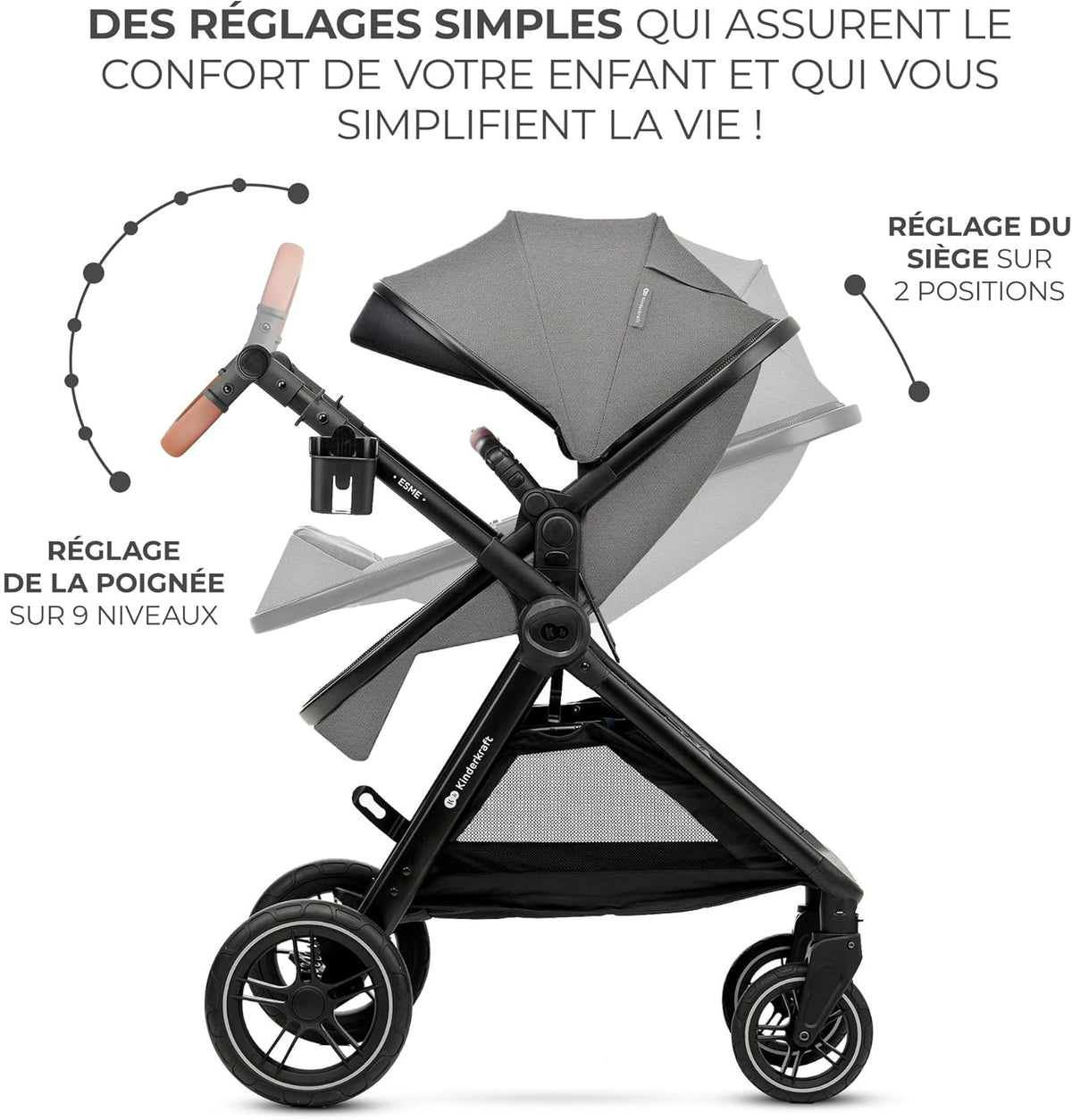 Kinderkraft ESME Mink Pro I-Size 3-in-1 autostoel met draagzak, reissysteem, babybuggy, opvouwbare kinderwagen, voor pasgeborenen tot 4 jaar, grijs