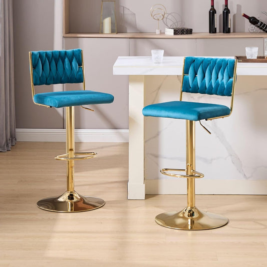Barkrukken – Barstoelen – Keukenstoelen – Barkrukset – Barhoge Stoelen – Verstelbare Hoogte – Draaibaar Met Velvet Bekleding – Set Van 2 – Teal - QUORE