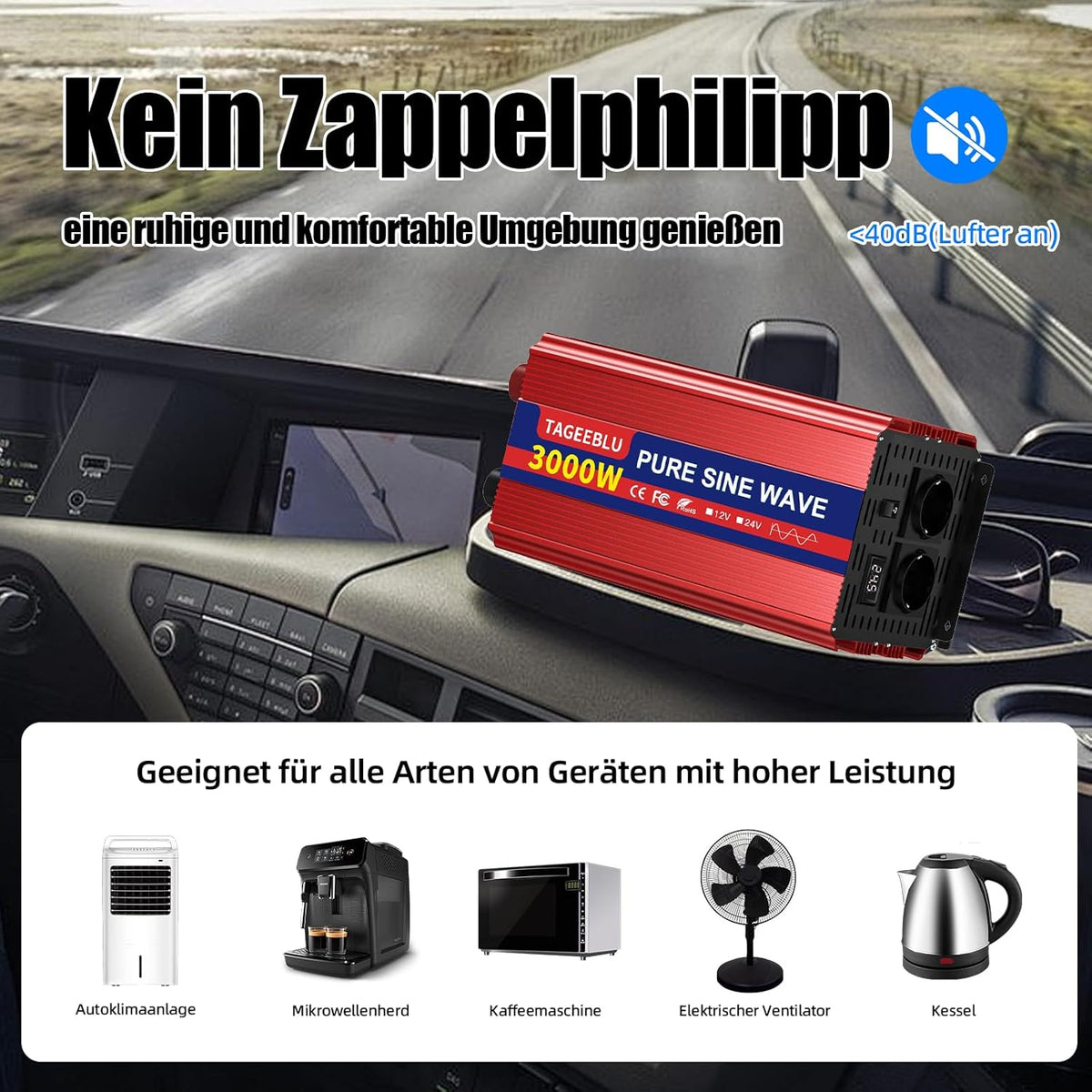 3000W zuivere sinusomvormer DC 24V naar AC 230V spanningsomvormer, omvormer voor voertuigen met krokodillenklem, 2 AC stopcontacten en LCD scherm