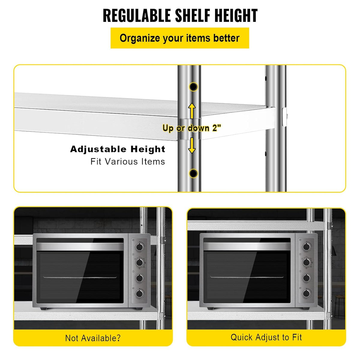 VEVOR Stainless Steel Shelving 48x18.5 Inch 5 Tier Adjustable Shelf Storage Unit Stainless Steel Heavy Duty Racks for Kitchen Commercial Office Garage Storage 350 Lbs Per Shelf