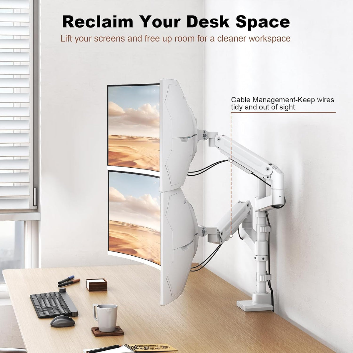 PUTORSEN Monitorhouder 2 monitoren voor 17 tot 49 inch schermen tot 20 kg per arm, extra lange tafelhouder, in hoogte verstelbaar, draaibaar voor optimale ergonomie, VESA 75/100 mm