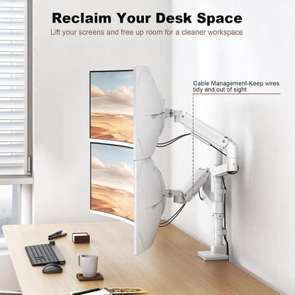 PUTORSEN Monitorhouder 2 monitoren voor 17 tot 49 inch schermen tot 20 kg per arm, extra lange tafelhouder, in hoogte verstelbaar, draaibaar voor optimale ergonomie, VESA 75/100 mm