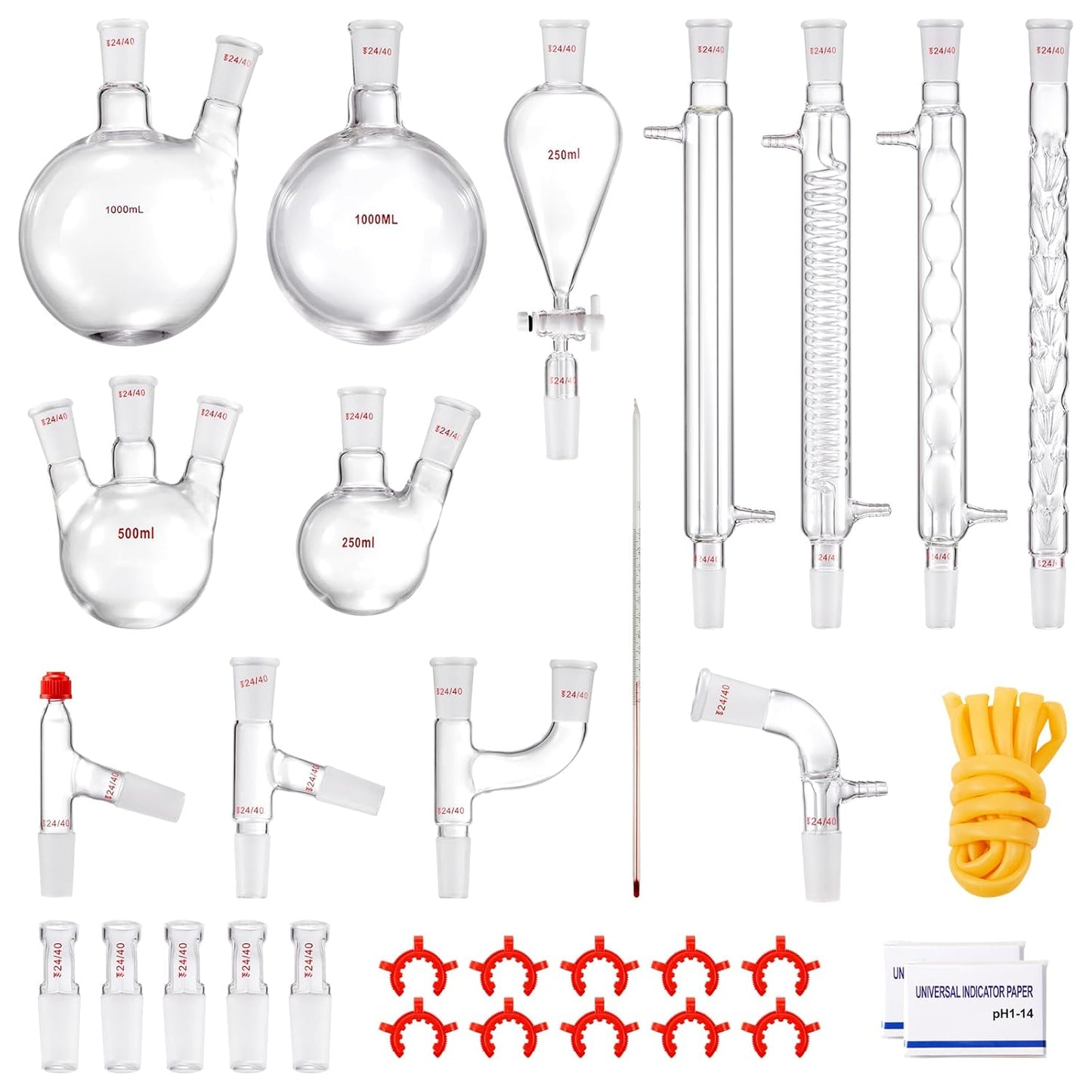 Laboratoriumglasdistillatieset – Glasdistillatieset – Laboratoriumdestillatieset – Destillatieset – Distillatieapparatuur – 32-Delige Set 1000 Ml – Hittebestendig Borosilicaatglas 3.3 – 24/40 Slijpverbindingen