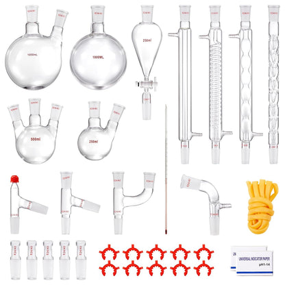 Laboratoriumglasdistillatieset – Glasdistillatieset – Laboratoriumdestillatieset – Destillatieset – Distillatieapparatuur – 32-Delige Set 1000 Ml – Hittebestendig Borosilicaatglas 3.3 – 24/40 Slijpverbindingen