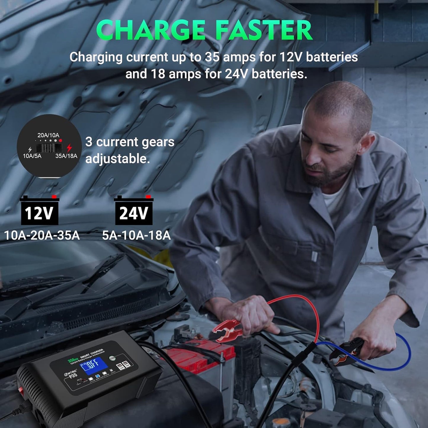 Autolader 12 V/24 V – Acculader – Onderhoudslader – Snellader – Desulfator – Intelligente 7-traps Laadprogramma – Reparatiemodus Met Temperatuurcompensatie