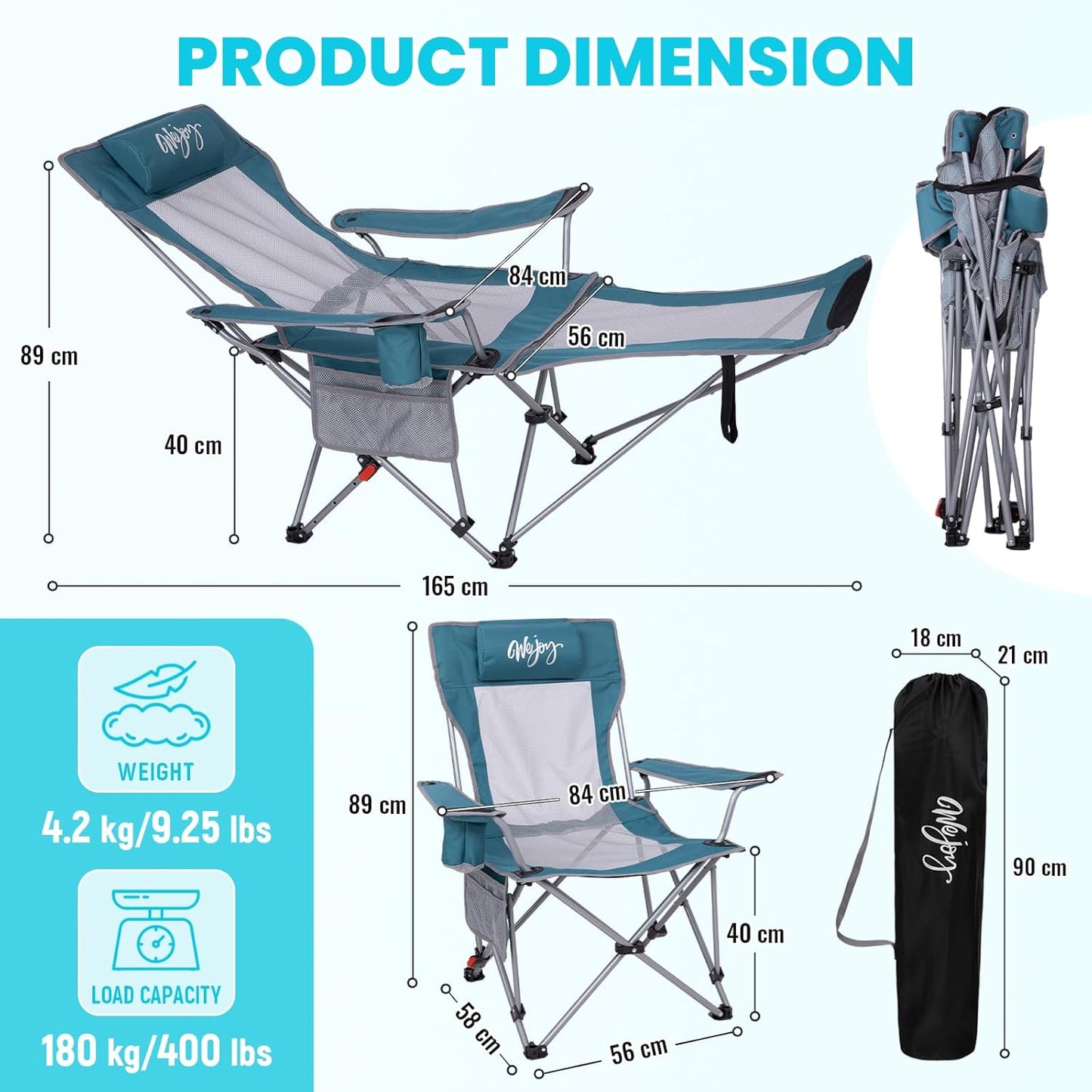 #WEJOY 2-in-1 campingstoel, opvouwbaar, 180 kg, met voetsteun, strandstoel met 4-voudig verstelbare rugleuning, relaxstoel, ligstoel met bekerhouder, ligstoel voor outdoor, camping, cyaan/grijs, set