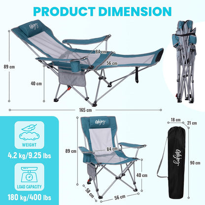 #WEJOY 2-in-1 campingstoel, opvouwbaar, 180 kg, met voetsteun, strandstoel met 4-voudig verstelbare rugleuning, relaxstoel, ligstoel met bekerhouder, ligstoel voor outdoor, camping, cyaan/grijs, set