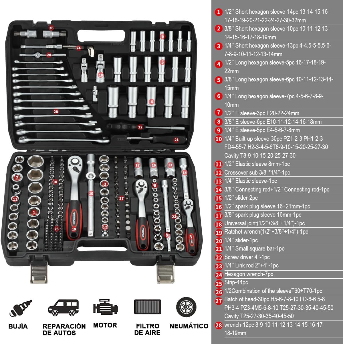 TEENO Dopsleutelset 216-delig, Dopsleutel En Bitset met Ratel 1/4", 3/8", 1/2" inch, Chroom-Vanadium, 72-Tands Snelkoppelingsratel, Mechanische Gereedschapsset voor Auto