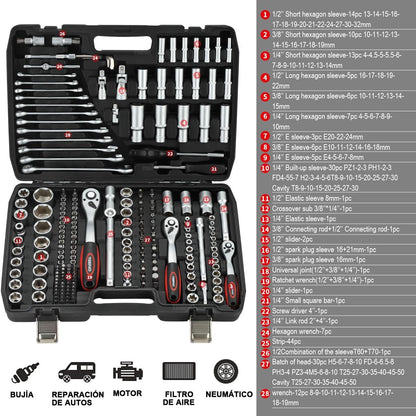TEENO Dopsleutelset 216-delig, Dopsleutel En Bitset met Ratel 1/4", 3/8", 1/2" inch, Chroom-Vanadium, 72-Tands Snelkoppelingsratel, Mechanische Gereedschapsset voor Auto