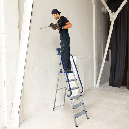 Hostrom Secure Hostrom Secure 6 treden, robuust aluminium, versterkt, leuning, afneembare gereedschapsschaal, platformhoogte 135 cm, draagkracht 150 kg