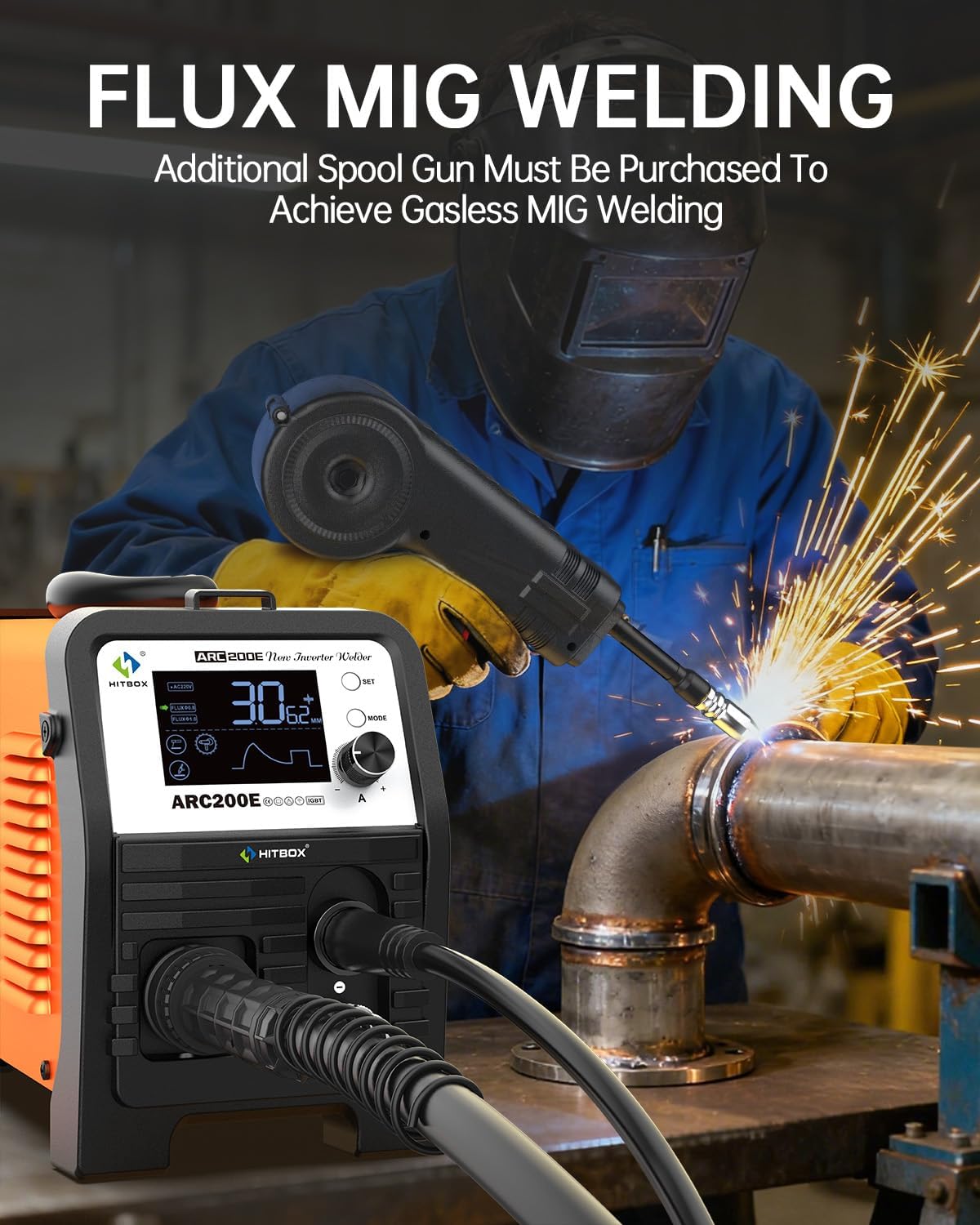 HITBOX ARC200E Lasapparaat 200A Inverter IGBT DC MMA/Lift TIG, gasloos MIG met gevulde draad compatibel, synergische regeling, Hot Start, Anti-Stick, 230V met TFT-LCD display