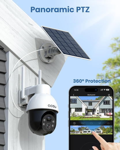 AOSU Draadloos Buiten Systeem voor Zonnebeveiligingscamera's, 3K/5MP WiFi Camera op Batterij voor Huisbeveiliging, Panoramische PTZ, Auto Tracking, Nachtzicht, Spotlights, 2-Weg Gesprek