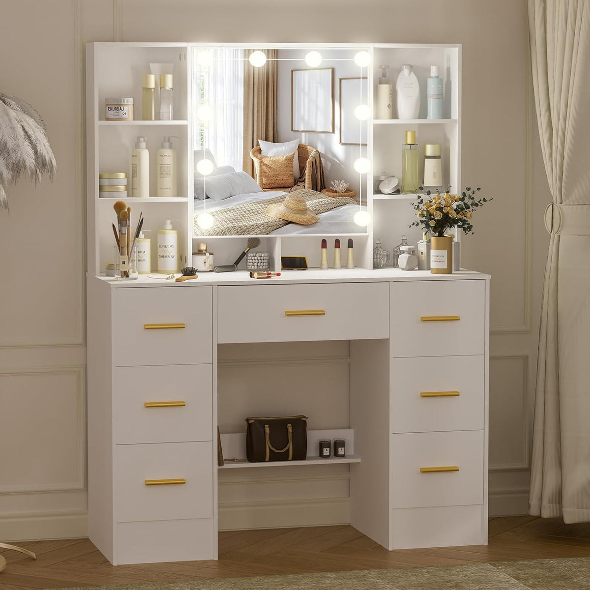 Kaptafel – Make-uptafel – Opmaaktafel – Make-up Tafel – Make-up Spiegel – 7 Laden & 6 Planken – LED Verlichting Met Opklapbare Spiegel – Wit 100x40x140 cm