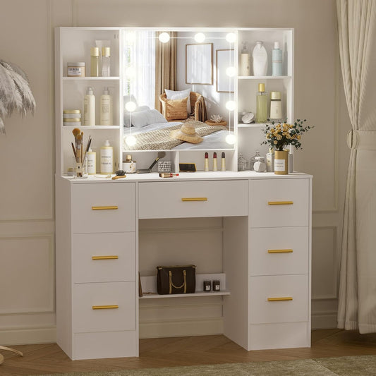 Kaptafel – Make-uptafel – Opmaaktafel – Make-up Tafel – Make-up Spiegel – 7 Laden & 6 Planken – LED Verlichting Met Opklapbare Spiegel – Wit 100x40x140 cm