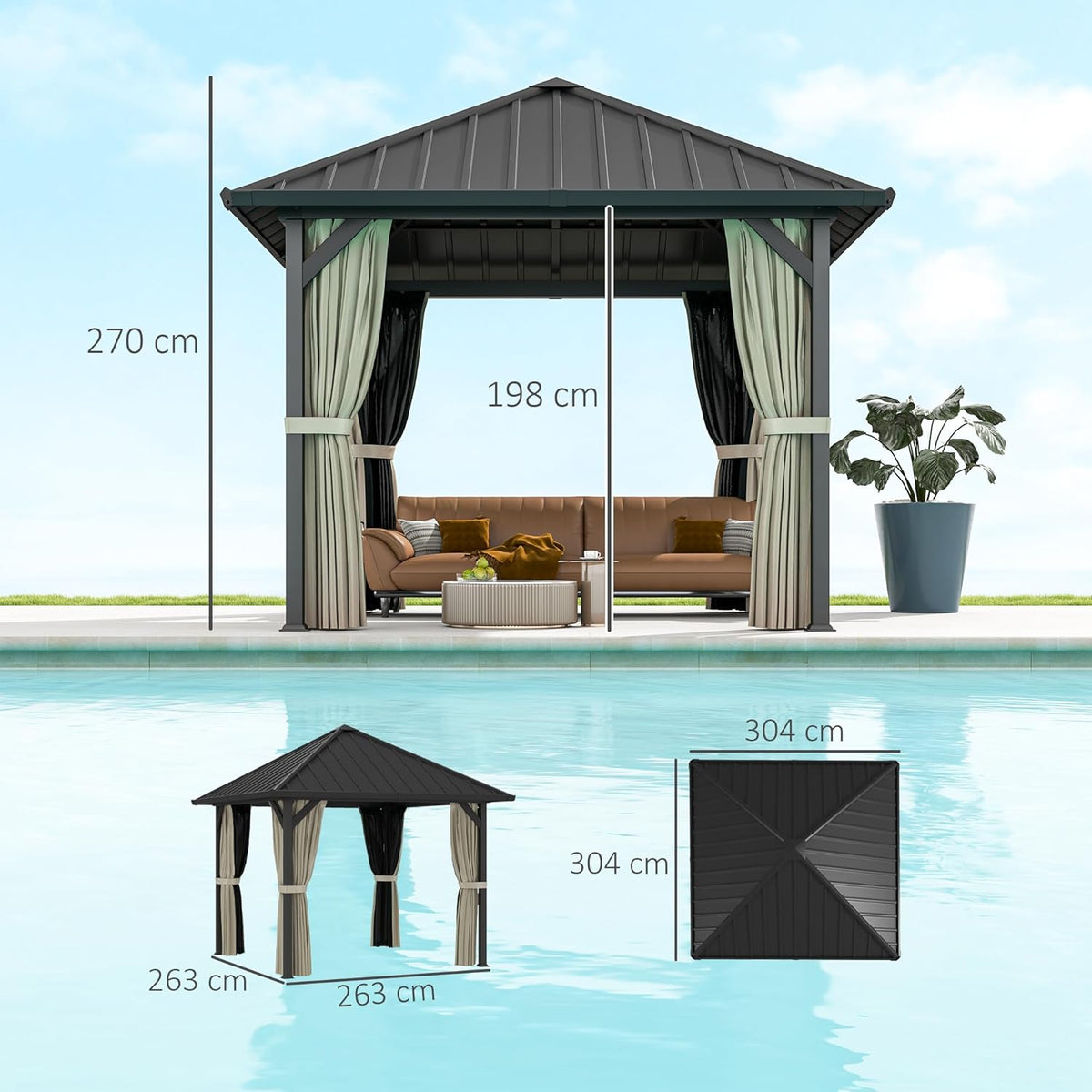 Tuinpaviljoen – Metalen Paviljoen – Tuinoverkapping – Buitenverblijf – Hardtop Paviljoen – Waterdicht Hardtop Dak – Stevig Metalen Frame 304x304 cm