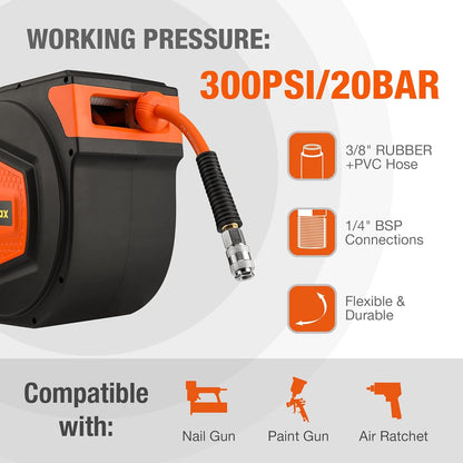 ValueMax Persluchtslanghaspel, slanghaspel automatisch, slang 15 m + 1,5 m, 1/4" aansluiting, 180° schenkbaar, slanghaspel intrekbare luchtslanghaspel max. 300 psi/20 bar