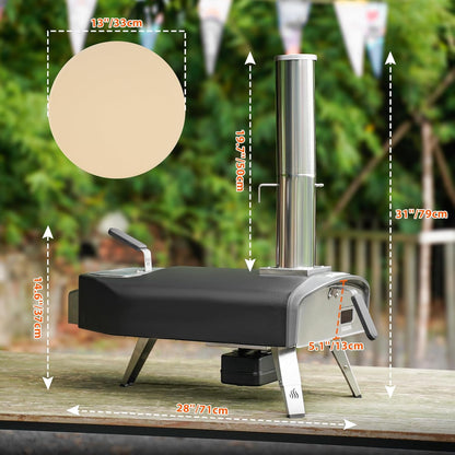 Mimiuo Pizzaoven met Roterende Functie en 33cm Rond Pizzasteen, Pizza-Houtkachel voor Houtskool en Brandhout, Outdoor Pizzaoven Voor Tuin, Camping, Draagbare Houtoven