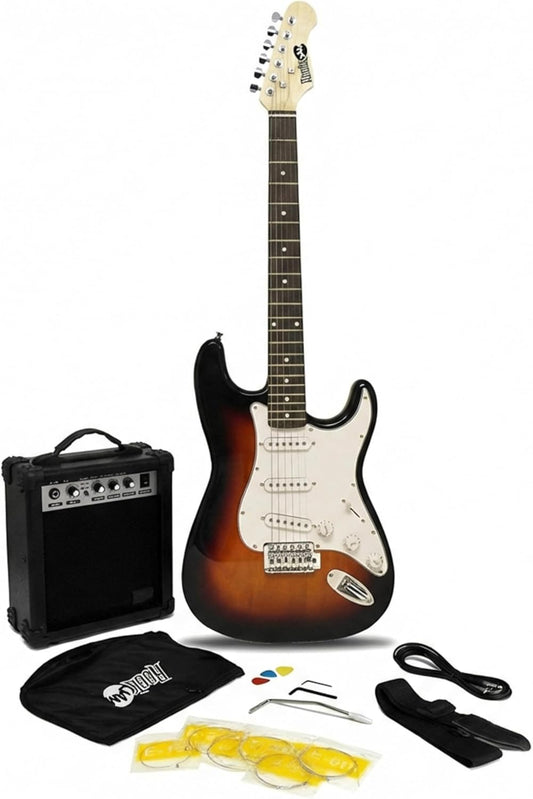 RockJam RJEG02-SK-SB Full-size elektrische gitaar Superkit met gitaarversterker Gitaarsnaren Gitaarriem Gitaartas en gitaarkabel Sunburst