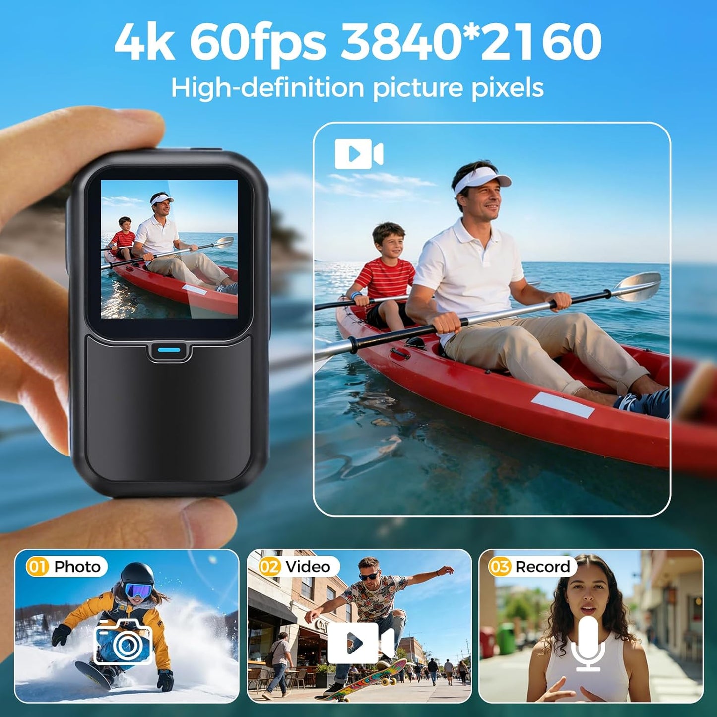 AIKER Action Cam 4K WiFi bijgewerkte versie, ultra-Hd-beeldkwaliteit, elektronische beeldstabilisatie, dual screen display, bodycam, helmcamera voor motorfiets, 360° actiecamera, multifunctionele