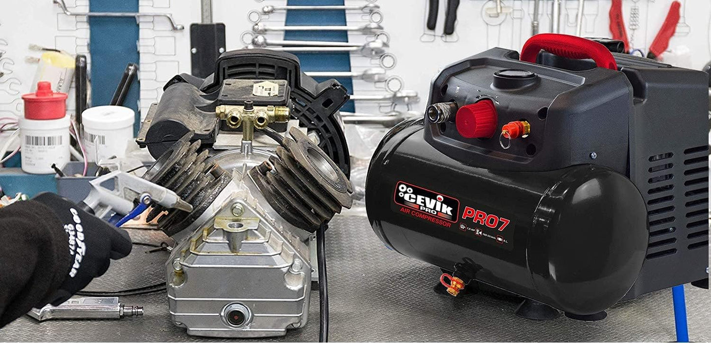 Luchtcompressor – Compressorpomp – Persluchtcompressor – Bandopblazer – Olievrije compressor – 6 Liter Tank – 1,5 PK Motor – Max 8 Bar Druk – Onderhoudsvrij – Transportwielen