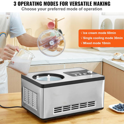 VEVOR Elektrische ijsmachine voor thuis, inhoud 2 l, ca. 180 W, elektrische ijsmachine met lcd-display, snelle bereiding zonder voorvriezen voor ijs, Sorbetti Frozen Yoghurt