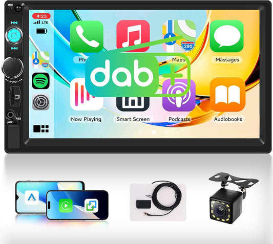 Hodozzy 2 DIN car radio with DAB+, wireless CarPlay & Android car, 7 inch screen with bluetooth, video display, radio touch display, FM USB/AUX/Type-C/TF, rear view camera - QUORE