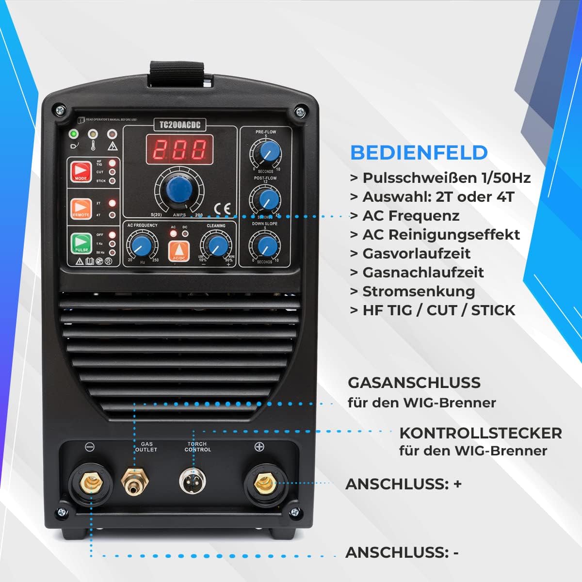 IPOTOOLS TC200ACDC TIG lasapparaat - TIG boog lasapparaat met 200 A 230 V IGBT, 3-in-1 TIG-station, MMA elektroden, draagbaar lasapparaat, 7 jaar garantie