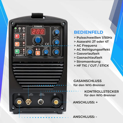 IPOTOOLS TC200ACDC TIG lasapparaat - TIG boog lasapparaat met 200 A 230 V IGBT, 3-in-1 TIG-station, MMA elektroden, draagbaar lasapparaat, 7 jaar garantie