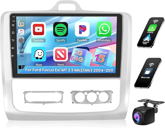 Autoradio Ford Focus – Android Radio – Multimedia Systeem – GPS Navigatie – CarPlay Wireless – 9 Inch Touchscreen – Android 13 – Achteruitrijcamera Met 12 LED’s - QUORE