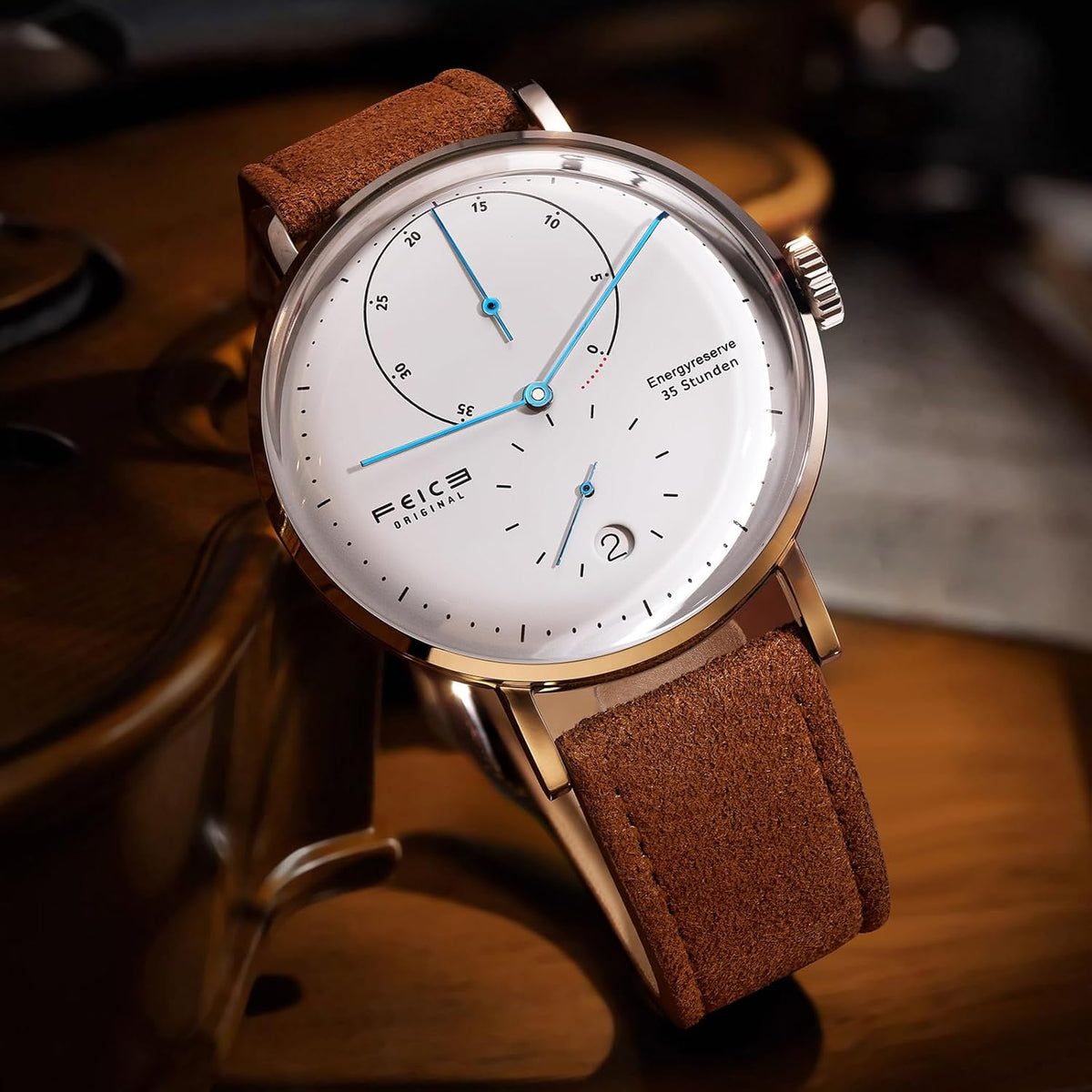 FEICE FM202 Automatisch herenhorloge met gebogen mineraalglas, klassiek horloge, mechanisch horloge, Bruin leder, Minimalist