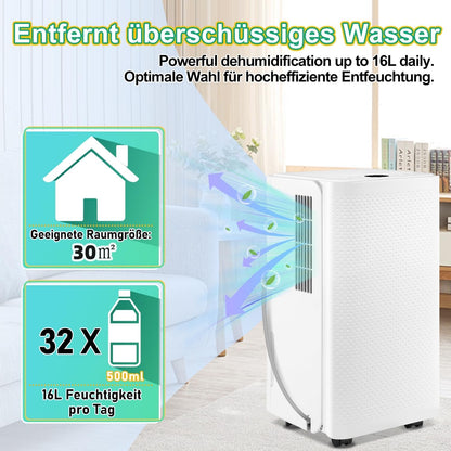 Luchtontvochtiger 16 l/dag ontvochtigingsvermogen - met 3 bedrijfsmodi, digitaal display, afvoerslang, timer 24 uur, ontdooifunctie, waterreservoir 2 l, tegen vocht en schimmel