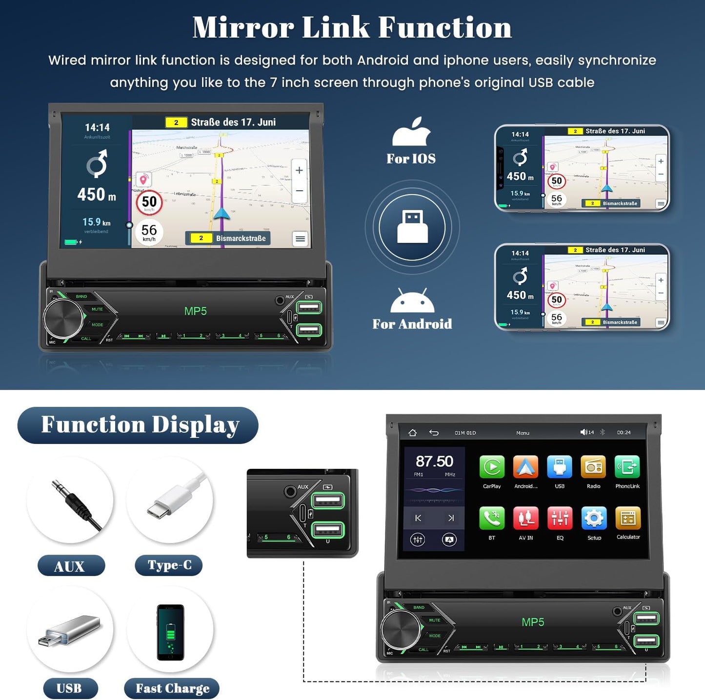 Draadloze CarPlay autoradio, 1 Din met uittrekbaar scherm, handmatig, 7 inch touchscreen, Android autoradio met bluetooth, stereo, autoradio, ondersteuning, FM AUX USB-achteruitrijcamera