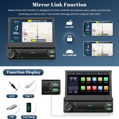 Draadloze CarPlay autoradio, 1 Din met uittrekbaar scherm, handmatig, 7 inch touchscreen, Android autoradio met bluetooth, stereo, autoradio, ondersteuning, FM AUX USB-achteruitrijcamera