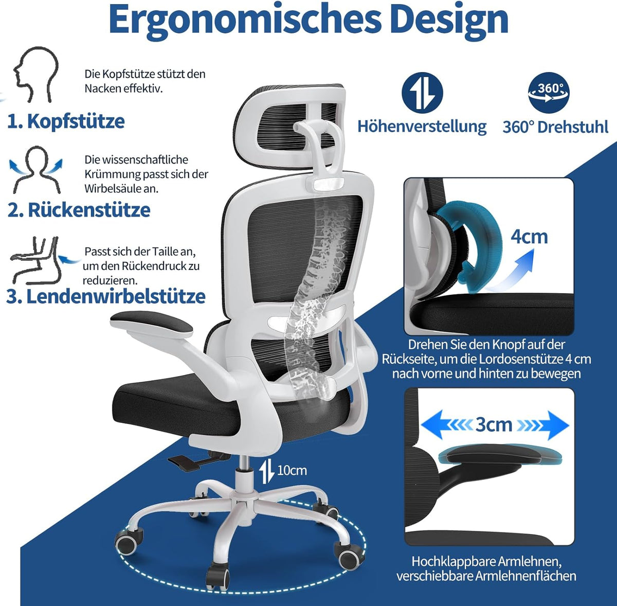 TRALT Bureaustoel Ergonomisch - Bureaustoel met Verstelbare Lendensteun Hoofdsteun Gaming Stoel - Office Chair - Bureaustoel Thuiskantoor Stoel Ergonomisch 150kg voor Grote Mensen Wit-Zwart