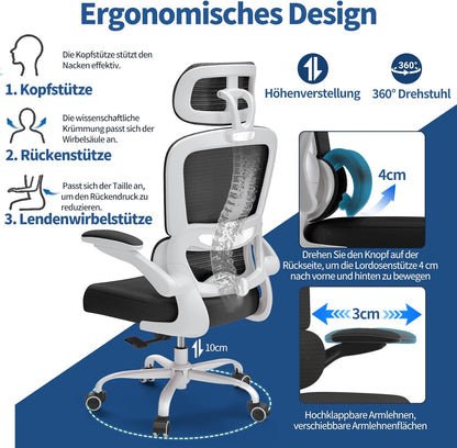 TRALT Bureaustoel Ergonomisch - Bureaustoel met Verstelbare Lendensteun Hoofdsteun Gaming Stoel - Office Chair - Bureaustoel Thuiskantoor Stoel Ergonomisch 150kg voor Grote Mensen Wit-Zwart