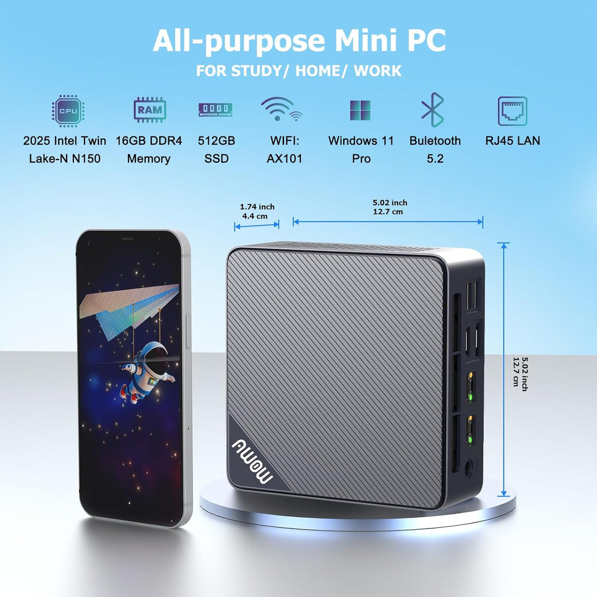 AWOW Mini PC W-11 Pro Twin Lake-N N150 Quad Core 3.60GHz, 16GB DDR4 3200MHz 512GB M.2 PCIE3.0 SSD Mini Desktop Computer, Micro PC Dual Display HDMI DP 4K@60Hz Dual RJ45 Gigabit Ethernet, AX101 - QUORE