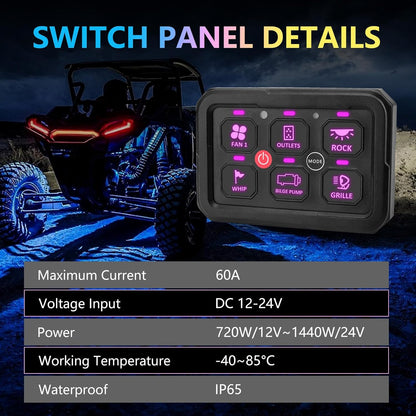 Chelhead 6 Gang RGB tuimelpaneel schakelpaneel, momentane puls, verbeterd 12 V offroad schakelpaneel, automatisch dimmen, kleurindicatoren, IP65 waterdicht