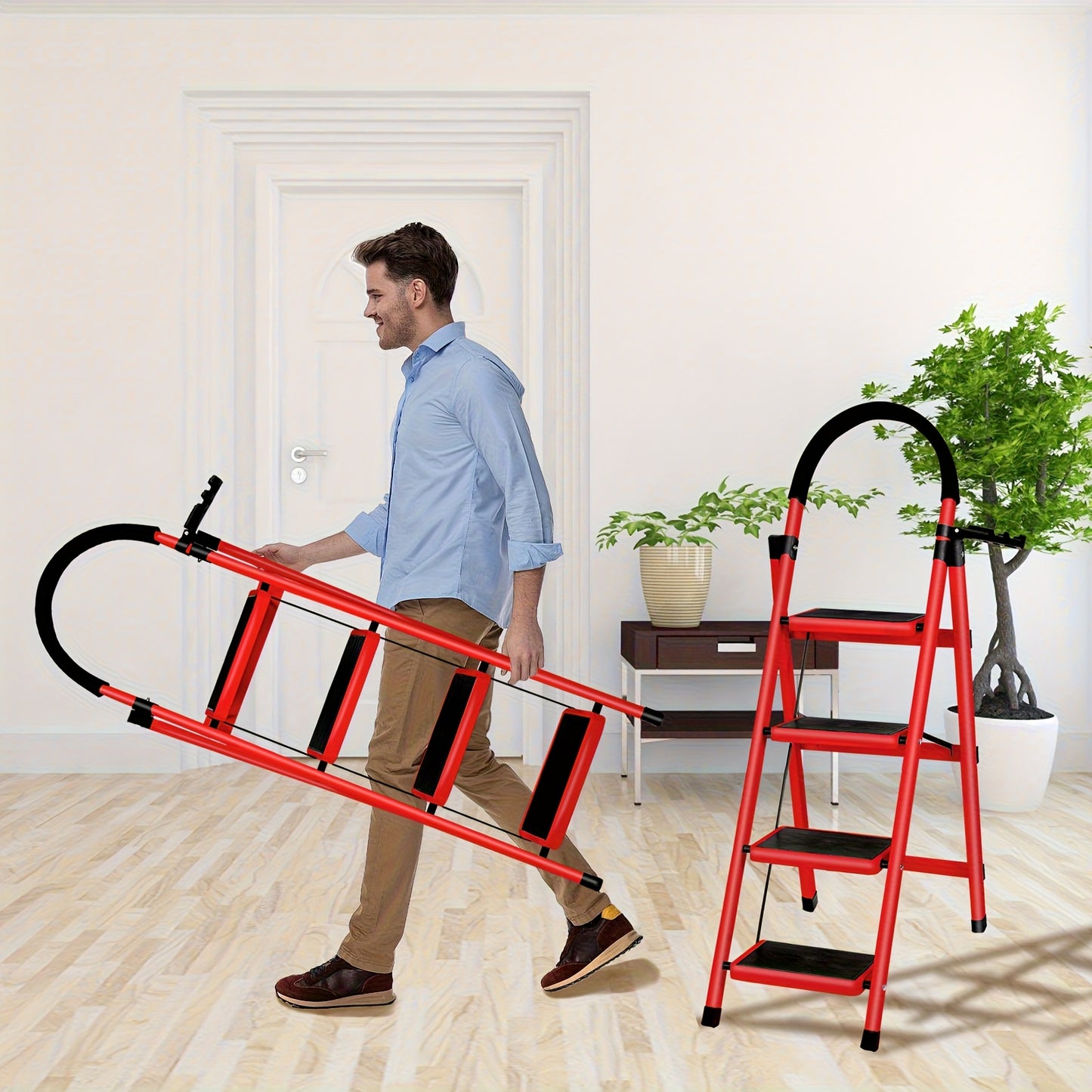 Vouwtrap – Trapladder – Opstapkruk – Vouwladder – Stalen Huishoudtrap – 4 Treden – Antislip Treden – Inklapbaar Met Gereedschap Plateau