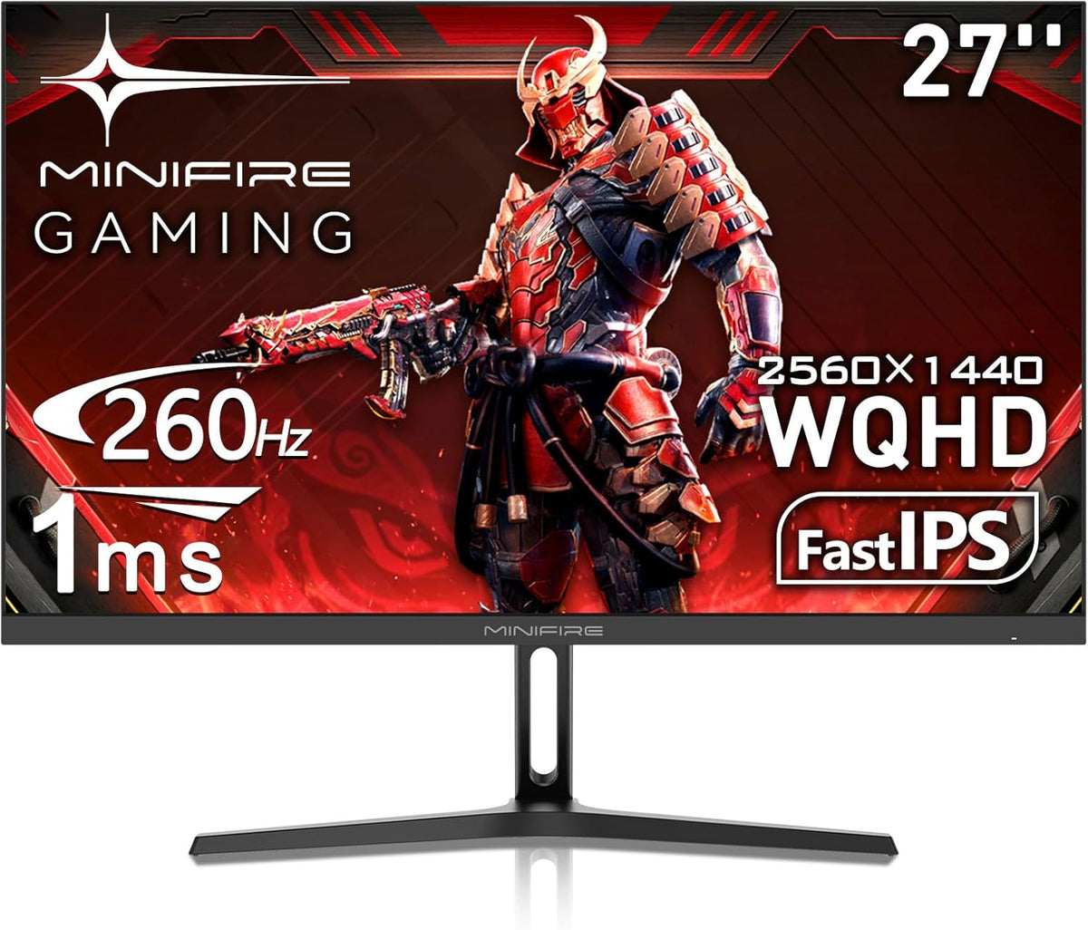 Minifire 27 gaming pc-monitor, 260 Hz, Fast IPS gaming-monitor, QHD 2K 2560 x 1440p, 1 ms, wit display, Freesync, 130% sRGB, HDR10, zwak blauw licht, VESA 100 x 100, 2 x DP1.4/2×HDMI 2.0 - zwart