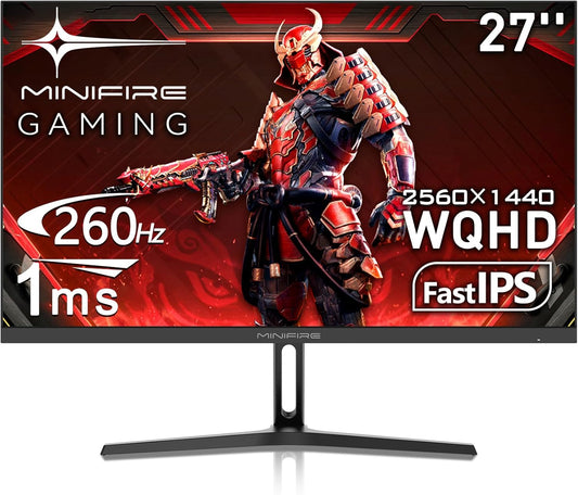 Minifire 27 gaming pc-monitor, 260 Hz, Fast IPS gaming-monitor, QHD 2K 2560 x 1440p, 1 ms, wit display, Freesync, 130% sRGB, HDR10, zwak blauw licht, VESA 100 x 100, 2 x DP1.4/2×HDMI 2.0 - zwart