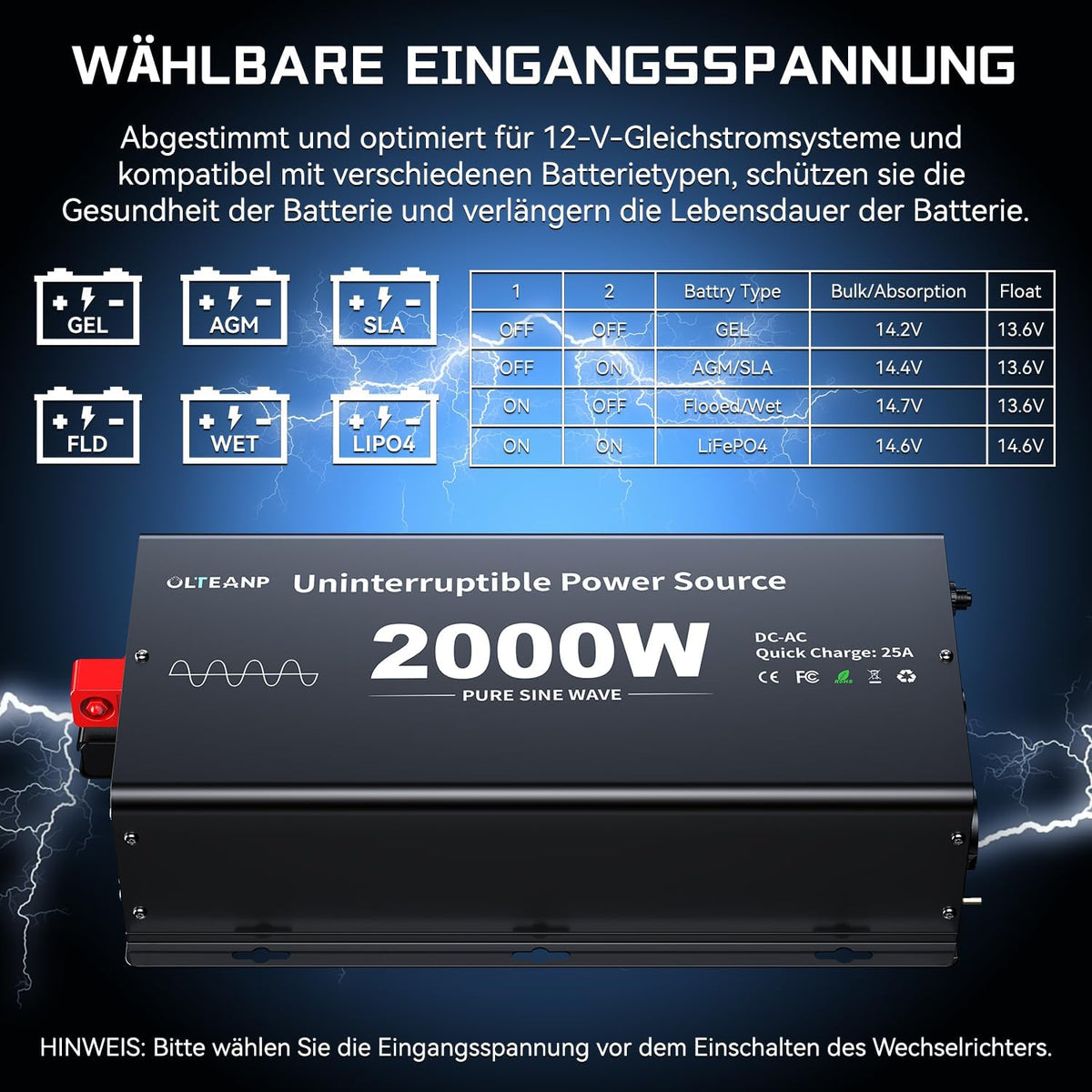 <font dir="auto" style="vertical-align: inherit;"><font dir="auto" style="vertical-align: inherit;">        2000 W inverter, 12 V to 230 V, pure sine wave, voltage converter with mains priority switch, charging function and UPS function, remote control wi