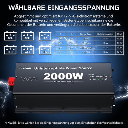 <font dir="auto" style="vertical-align: inherit;"><font dir="auto" style="vertical-align: inherit;">        2000 W inverter, 12 V to 230 V, pure sine wave, voltage converter with mains priority switch, charging function and UPS function, remote control wi