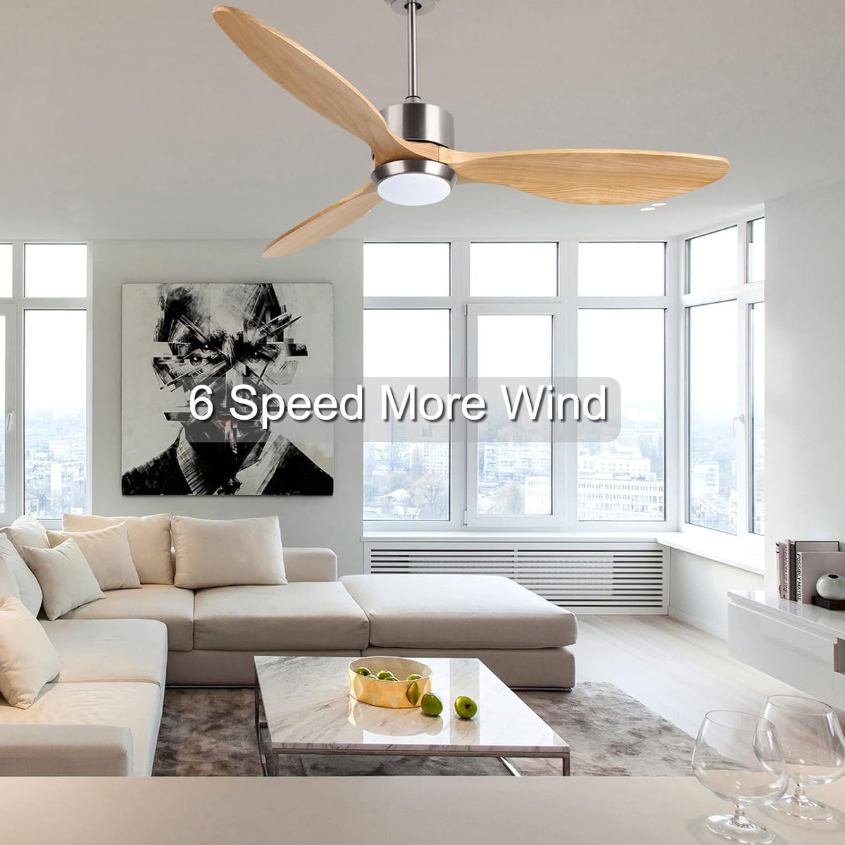 Ovlaim 132cm massief houten plafondventilatoren met verlichting Afstandsbediening, Stille DC Motor 3 Blade Propeller Slimme Plafondventilator, Binnen Woonkamer Slaapkamer, Natuur & Zilver