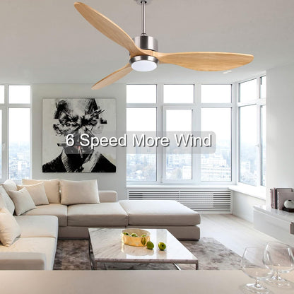 Ovlaim 132cm massief houten plafondventilatoren met verlichting Afstandsbediening, Stille DC Motor 3 Blade Propeller Slimme Plafondventilator, Binnen Woonkamer Slaapkamer, Natuur & Zilver