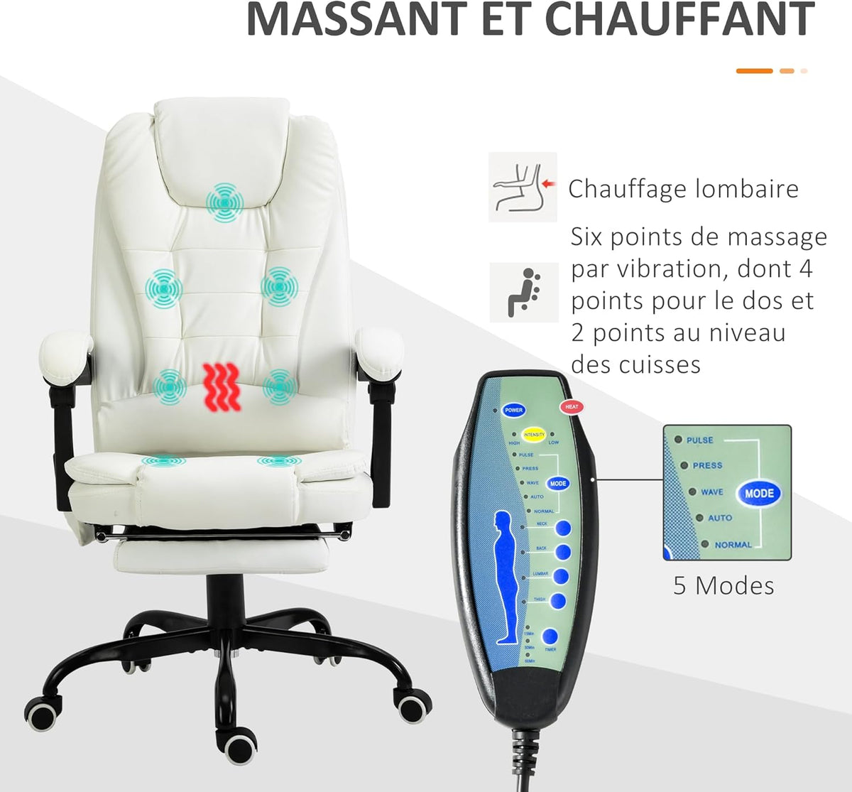 Vinsetto Massagestoel, bureaustoel, ergonomische stoel met verstelbare hoogte, rugleuning kantelbaar en bekabeld, voetensteun, 360° draaibaar, wit