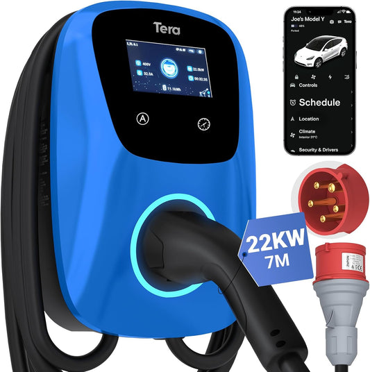 Tera EV oplader Smart APP: 32A type 2 22kW of 11kW thuis laadstation 400V CE & TÜV Wallbox 7 m oplaadkabel met lader houder app-besturing CEE 3-fasen stekker voor alle EV's en PHEV's W01 blauw