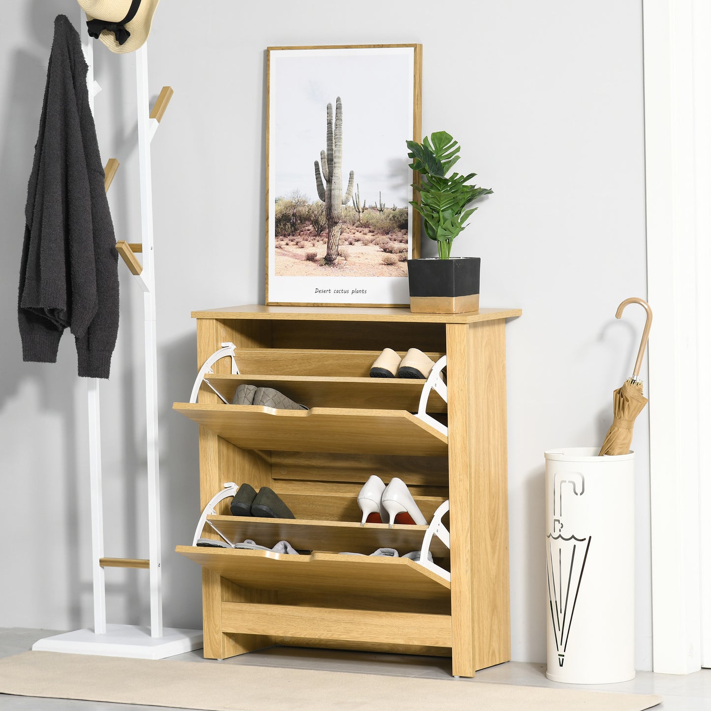 HOMCOM Shoe Cabinet with 2 Folding Doors and 2 Compartments, Natural Wood Particle Panels