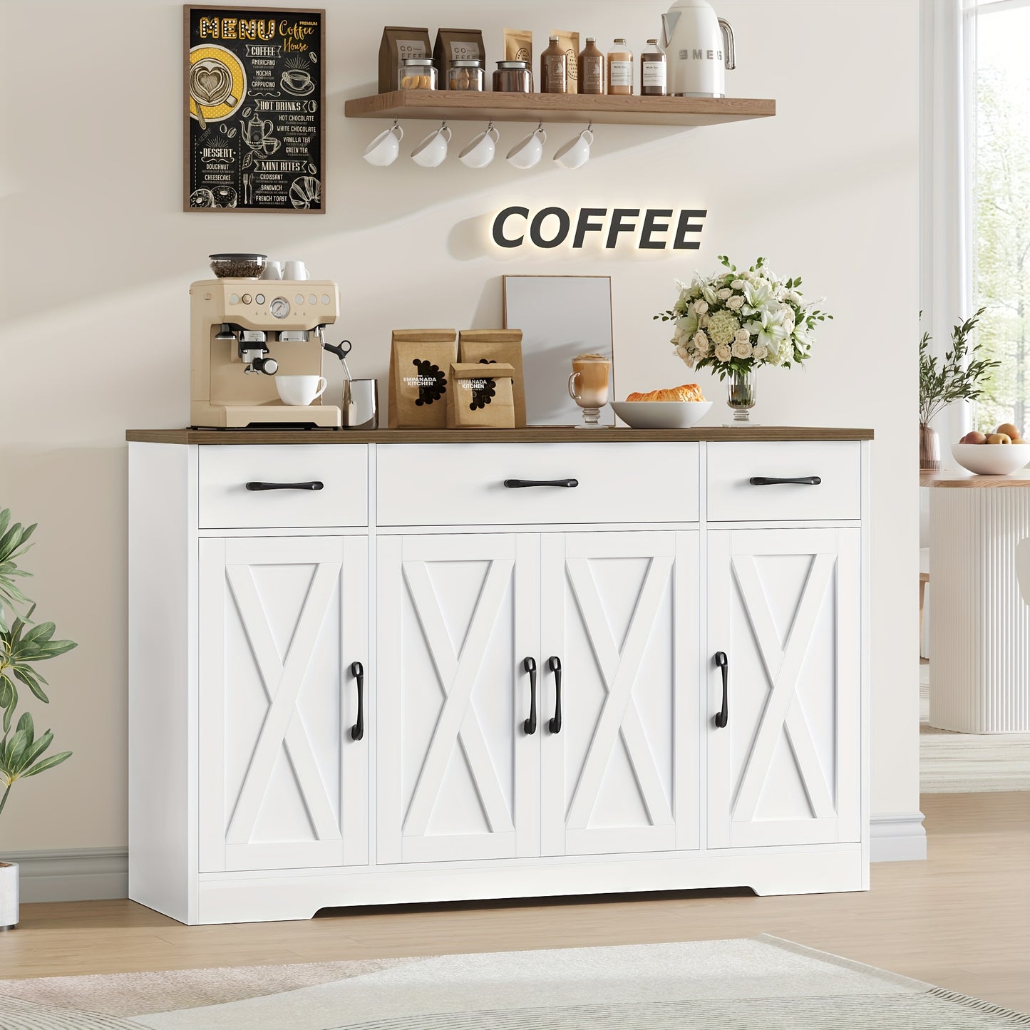 Sideboard – Dressoir – Kast – Opbergkast – Buffetkast – Wit Met Bruin Hout – 140 cm Breed – Verstelbare Planken – Kantelbeveiliging