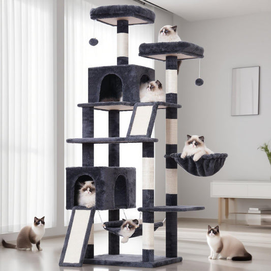 Cat Tree Indoor Cat Tree 200 cm Cat Scratching Post with Large Adult Cats, 2 Scratching Boards, 7 Scratching Posts, 2 Plush Platforms, 2 Cat Caves, Smoke Grey GCT032G - QUORE