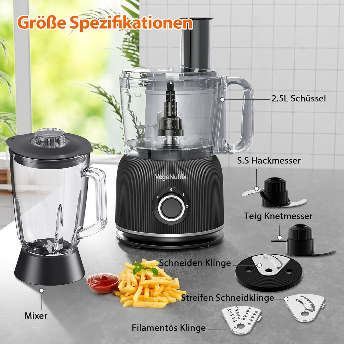 1500 W keukenmachine en mixer combinatie, 2,5 l hakmolen voor vlees, groenten en deeg, 2 l blender met glazen reservoir, 2 snelheden en pulsfunctie voor smoothies, sap enz.